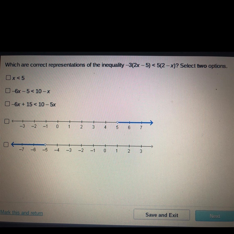 Which are correct representations of the inequality -3(2x - 5) < 5(2-x)? Select-example-1