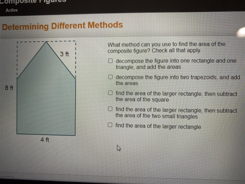 HELP PLEASE!!What method can you use to find the area of the composite figure. Check-example-1