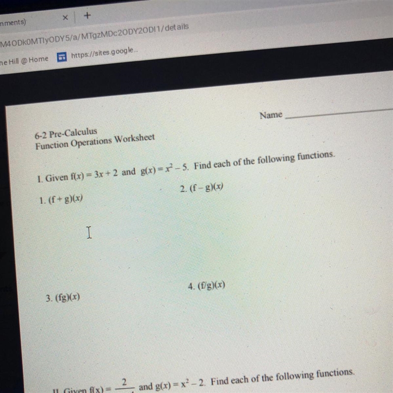 I Given f(x) = 3x + 2 and g(x)= x? – 5. Find each of the following functions. 1. (f-example-1