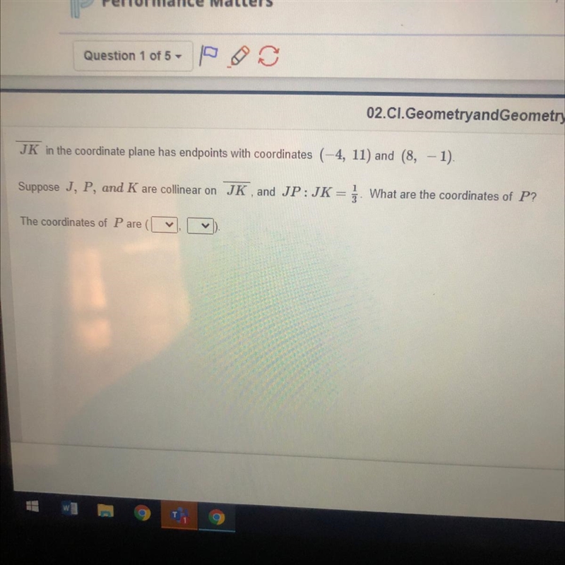 JK in the coordinate plane has endpoints with coordinates (-4, 11) and (8, 1) Suppose-example-1