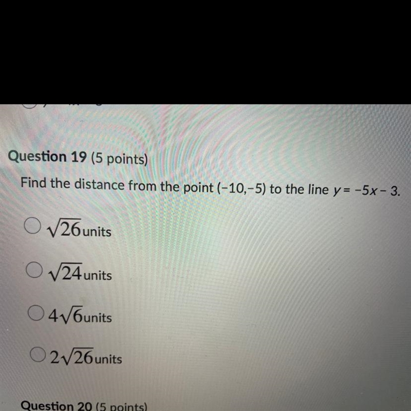 Find the distance from the point (-10,-5) to the line y = -5x - 3.-example-1