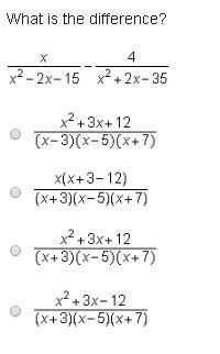 What is the difference? StartFraction x Over x squared minus 2 x minus 15 EndFraction-example-1