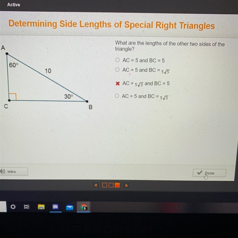 What are the lengths of the other two sides of the triangle? A O AC = 5 and BC = 5 60° 10 O-example-1