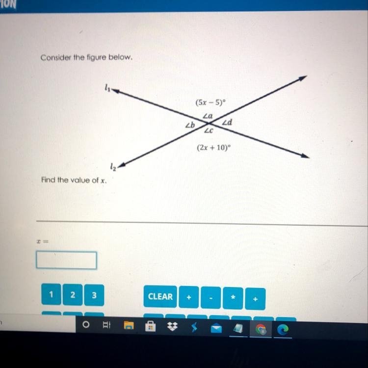 Consider the figure below. Find the value of x.-example-1