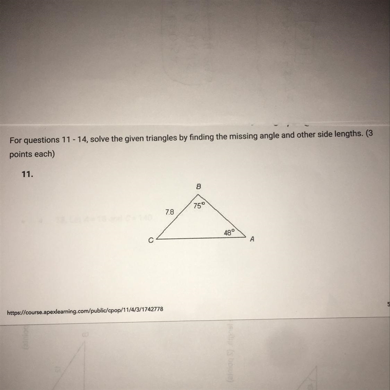 Solve the given triangles by finding the missing angle and other sides lengths.-example-1