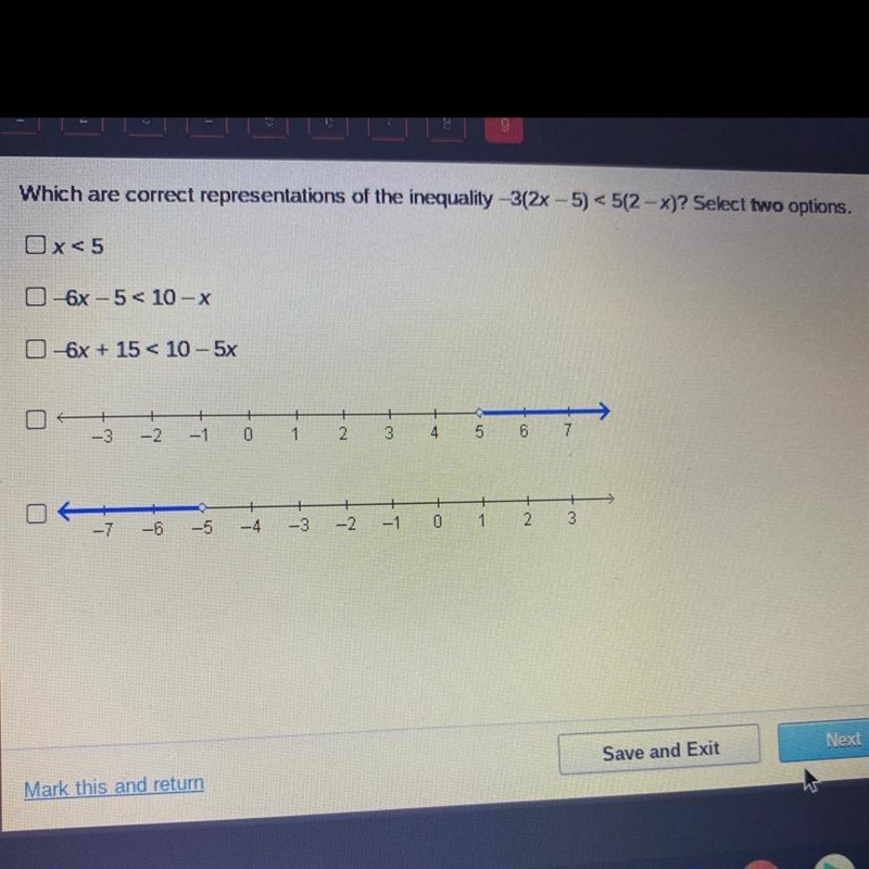 Which are correct representations of the inequality -3(2x - 5) <5(2-x)? Select-example-1