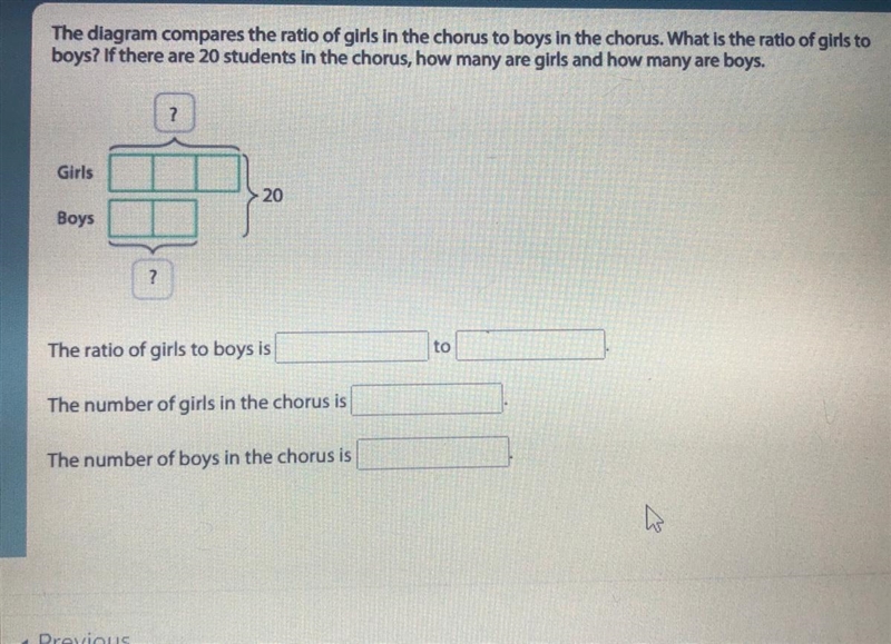 Please Help! The diagram compares the ratio of girls in the chorus. What is the ratio-example-1