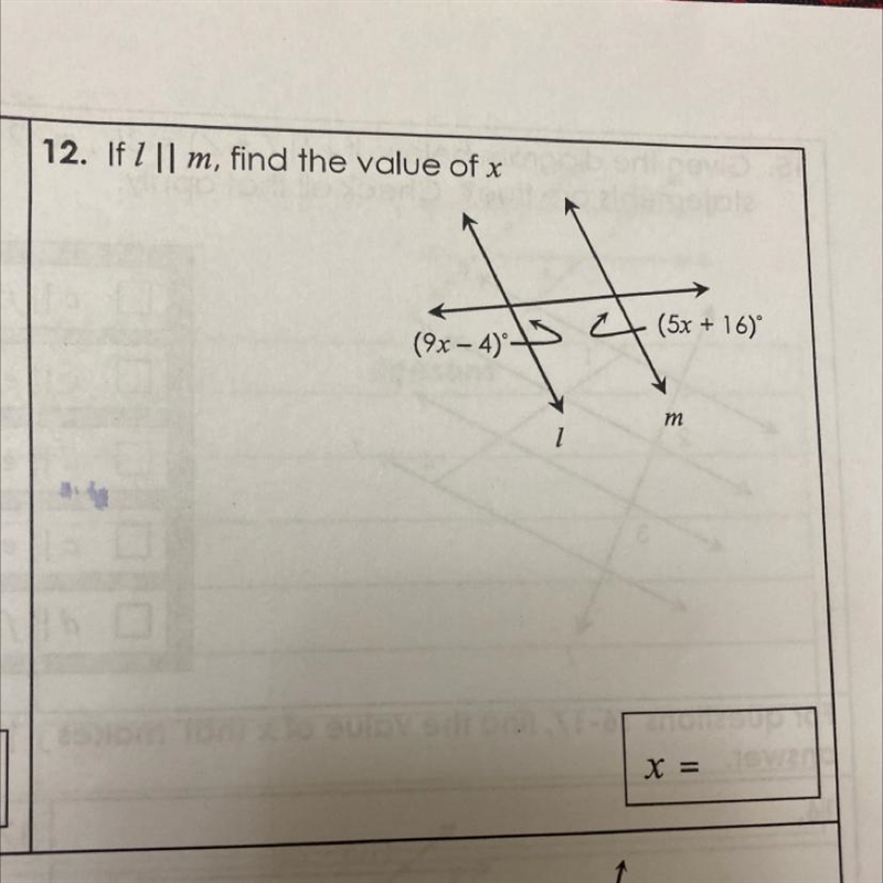 If 7 || m, find the value of x (9x - 4)' Us 4+ (5x + 16)"-example-1