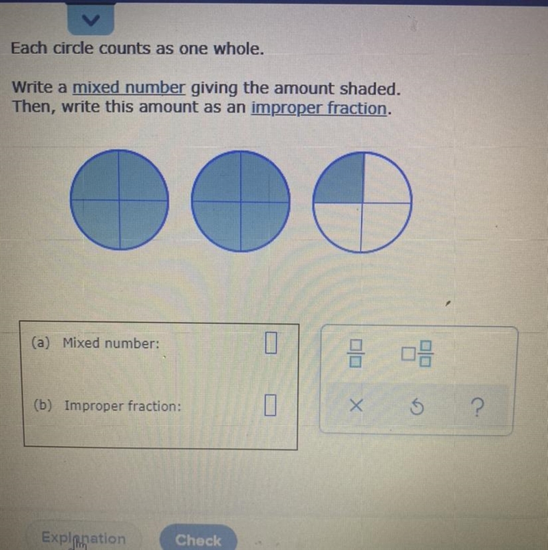 Writing a mixed number and an improper fraction for a shaded... Each circle counts-example-1