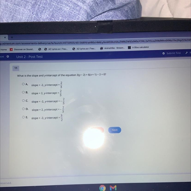 What is the slope and y-intercept of the equation 3(y-2) + 6(x+1) - 2 = 0?-example-1