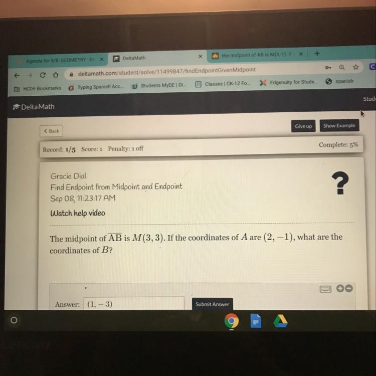 The midpoint of AB is M(3,3). If the coordinates of A are (2, -1), what are the coordinates-example-1