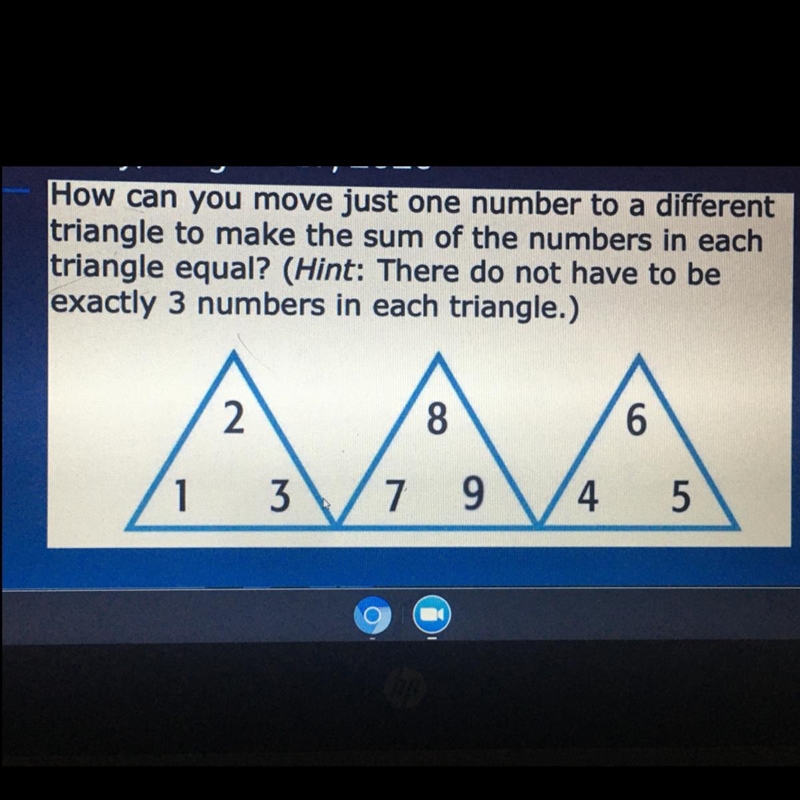 How can you move just one number to a different triangle to make the sum of the numbers-example-1