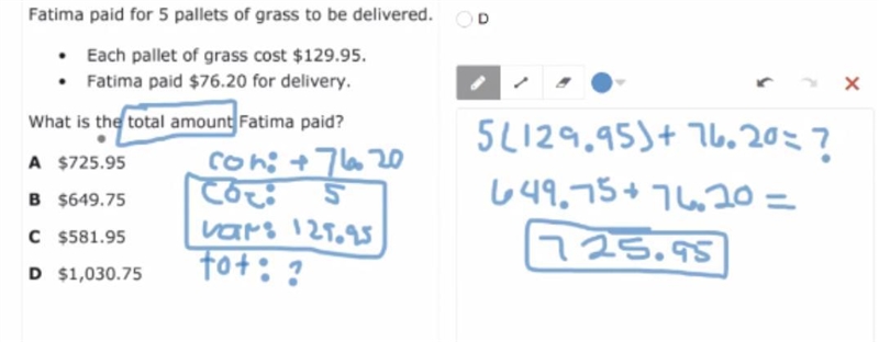 Fatima paid for 5 pallets of grass to be delivered each pallet of grass cost 129.95. Fatima-example-1