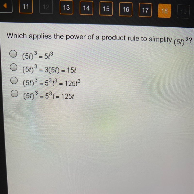 Which applies the power of a product rule to simplify (58) 3? (51) 3 - 51 (50) 3 = 3(51) = 151 (51) 3 - 5343 - 1256 (51) 9 = 53t-example-1