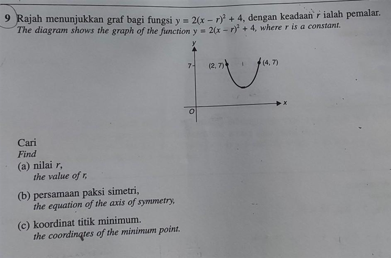 The diagram shows the graph of the function y=(x-r)²+4, where r is a constant. a) find-example-1