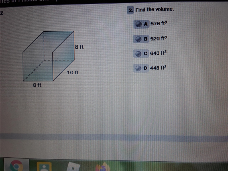 Find the volume 8 feet 10 feet 8 ft-example-1