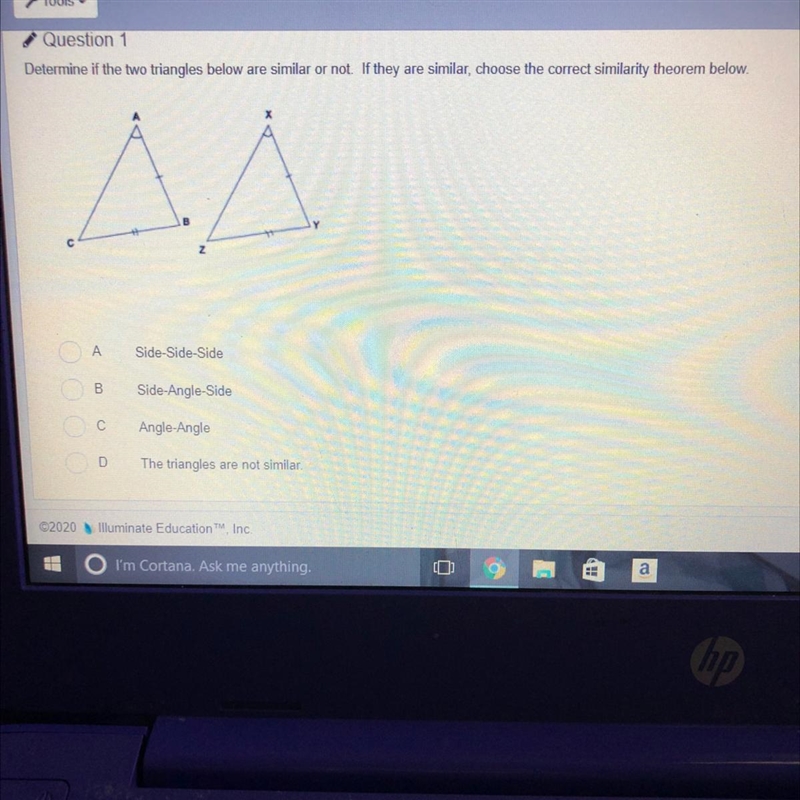 Determine if the 2 triangles are similar or not. if they are similar choose the correct-example-1