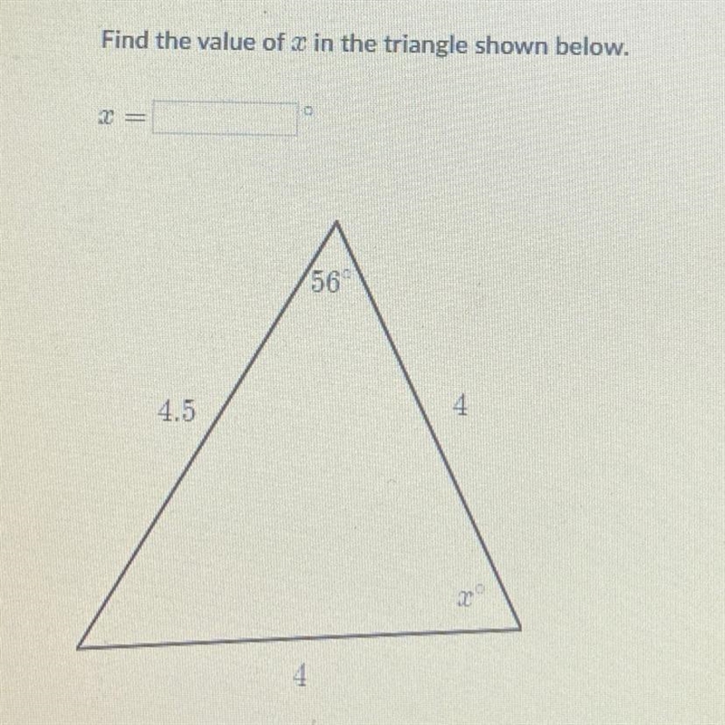 Find the value of x in the triangle shown below.-example-1