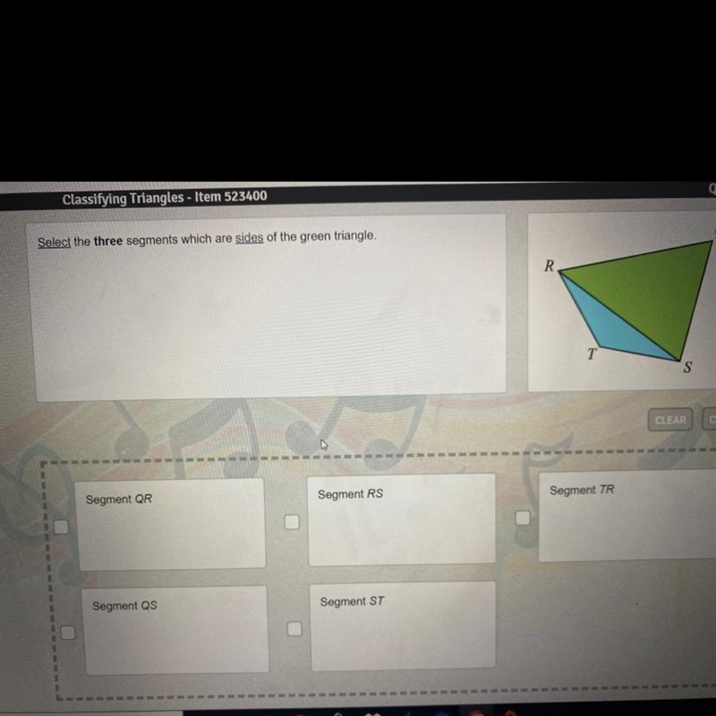 Select three segments which are sides of the green triangle ? HELP ME!!!-example-1