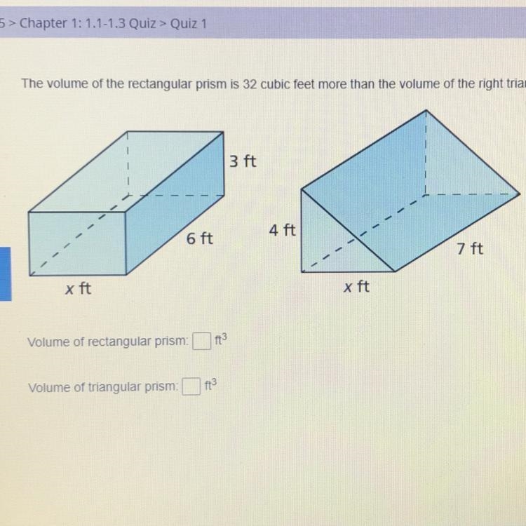 The volume of the rectangular prism is 32 cubic feet more than the volume of the right-example-1