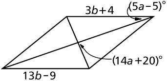 Find the values of a and b in the rhombus. Solve for the value of c, if c=a+b.-example-1