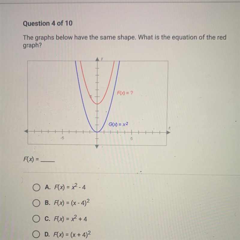 The graphs below have the same shape. What is the equation of the red graph?-example-1