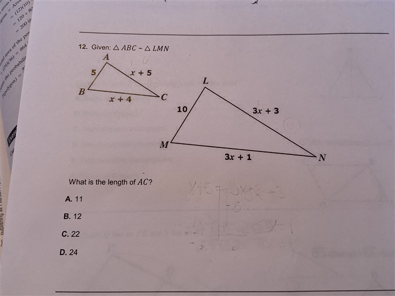 Given triangle ABC ~ to triangle LMN what is the length of AC-example-1