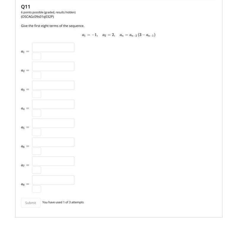 Give the first 8 terms of the sequence. a1= -1, a2=2, a[n]=a[n-2](3-a[n-1])-example-1