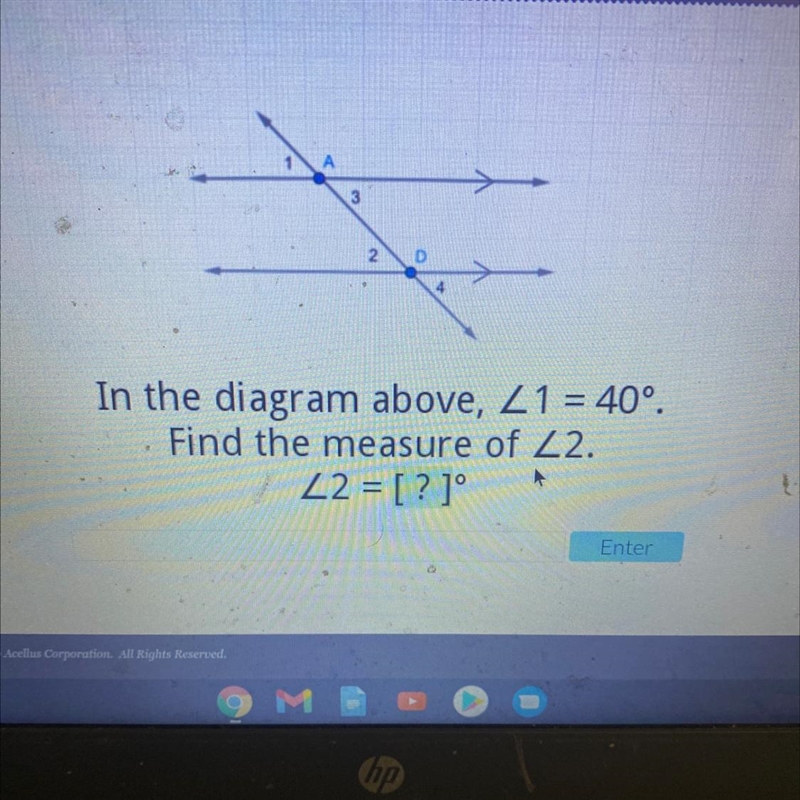 In the diagram above, Z1 = 40°. Find the measure of Z2. Z2 = [?]°-example-1