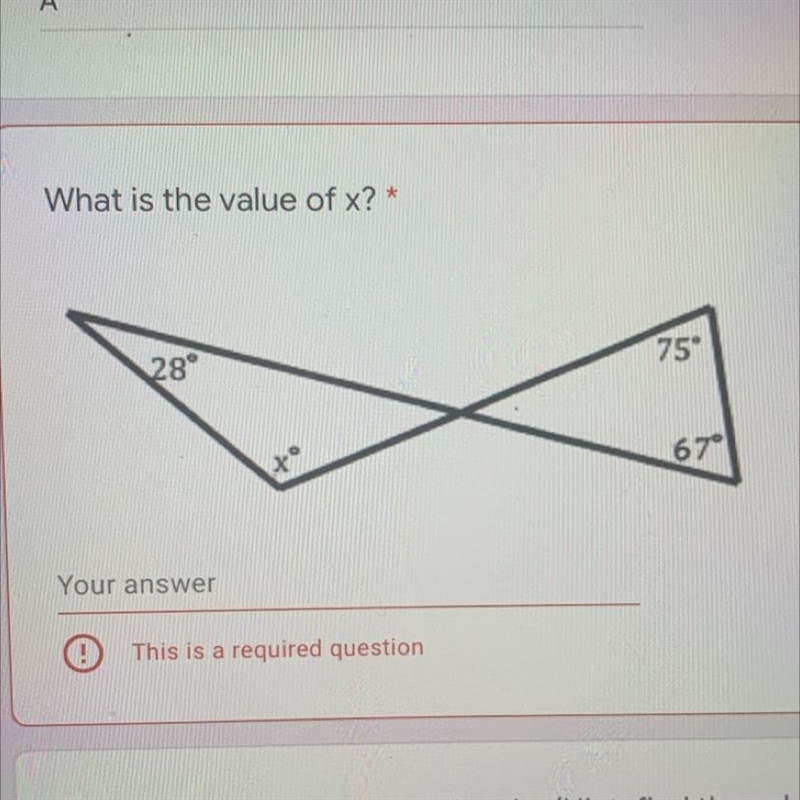 What is the value of x? 75 28° 67° F-example-1