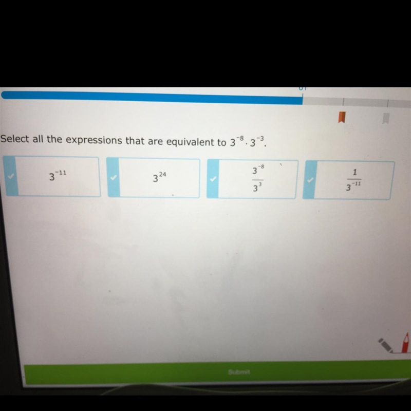 What’s 3 to -8 power x 3 to the -3 power?-example-1