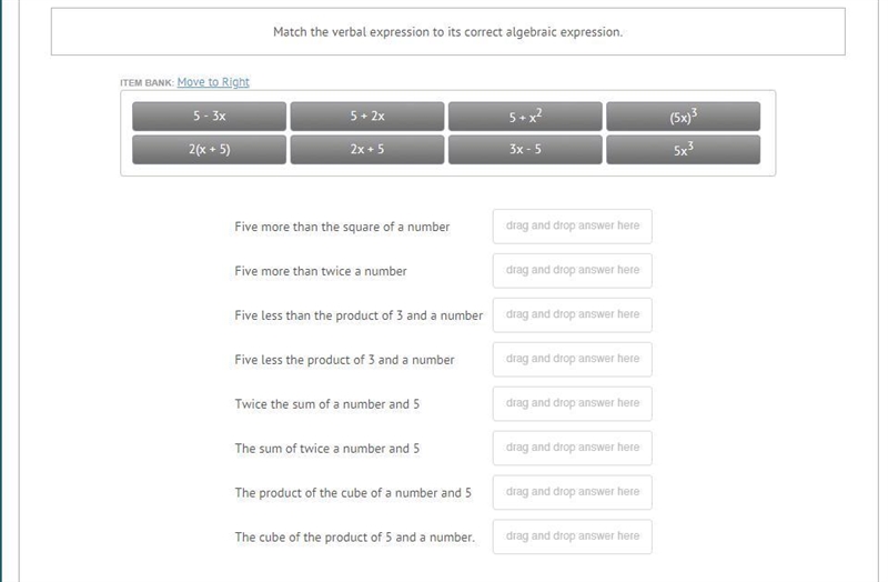 PLS HELP ASAP GUYS! 50 POINTS!! Match the verbal expression to its correct algebraic-example-1