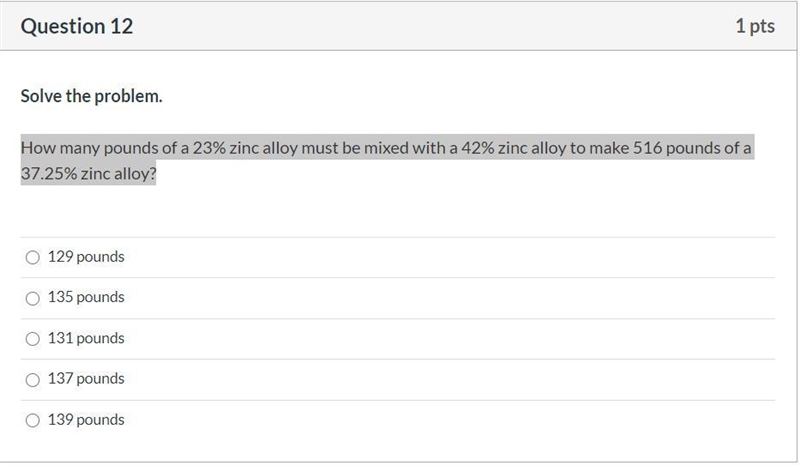 How many pounds of a 23% zinc alloy must be mixed with a 42% zinc alloy to make 516 pounds-example-1