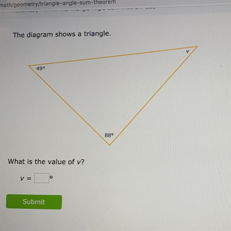 The diagram shows a triangle. 490 880 What is the value of v? V =-example-1