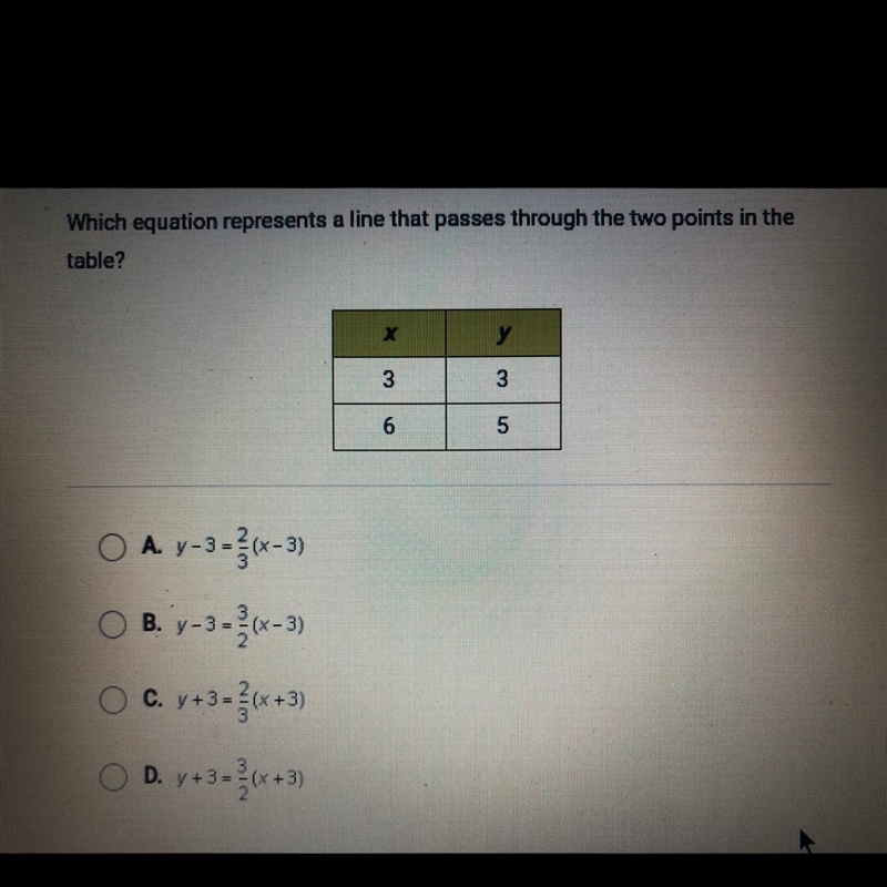 Which equation represents a line that passes through the two points in the table?-example-1