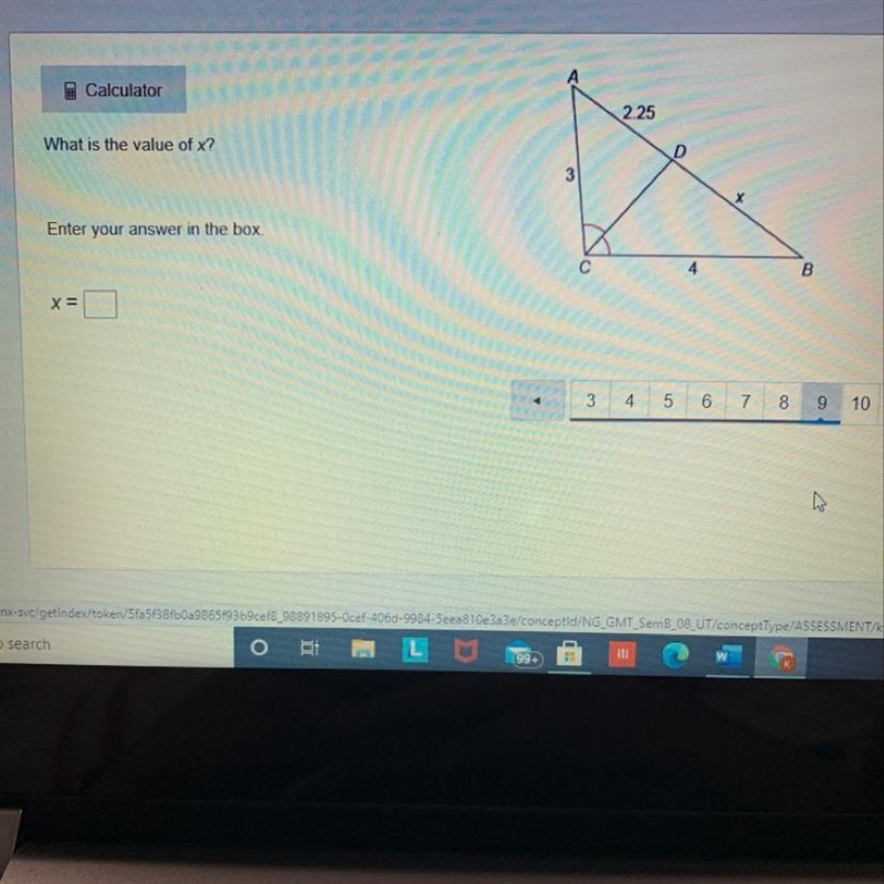 Calculator 2.25 What is the value of x? D 3 Enter your answer in the box. с 4 B X-example-1