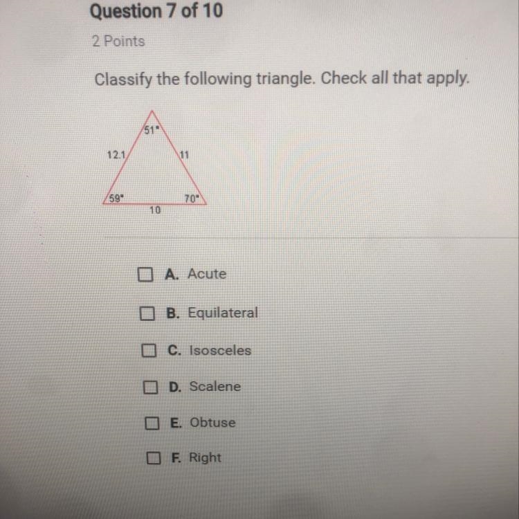 Classify the following triangle .check all that apply-example-1