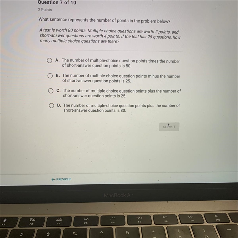 What sentence represents the number of points in the problem below? A test is worth-example-1