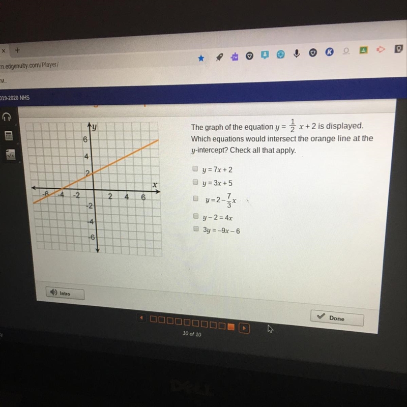 The graph of the equation y = į x+2 is displayed. Which equations would intersect-example-1