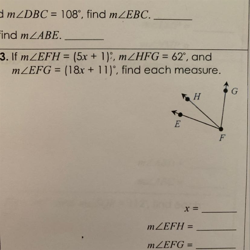 3. If mZEFH = (5x + 1), mZHFG = 62°, and mZEFG = (18x + 11), find each measure.-example-1