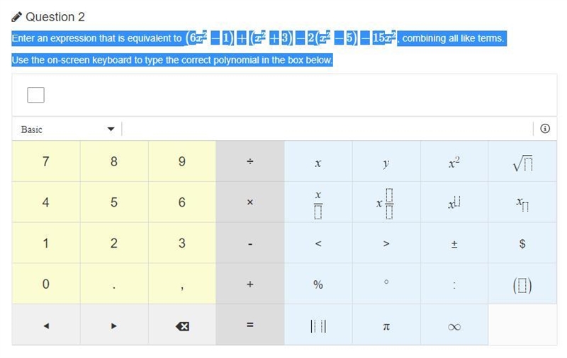 Enter an expression that is equivalent to (6x2−1)+(x2+3)−2(x2−5)−15x2, combining all-example-1