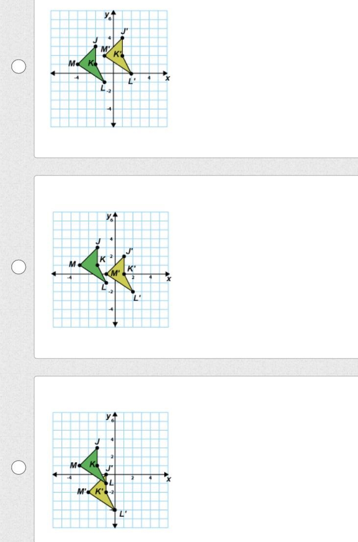 Which image shows a translation of the green quadrilateral JKLM three units to the-example-1