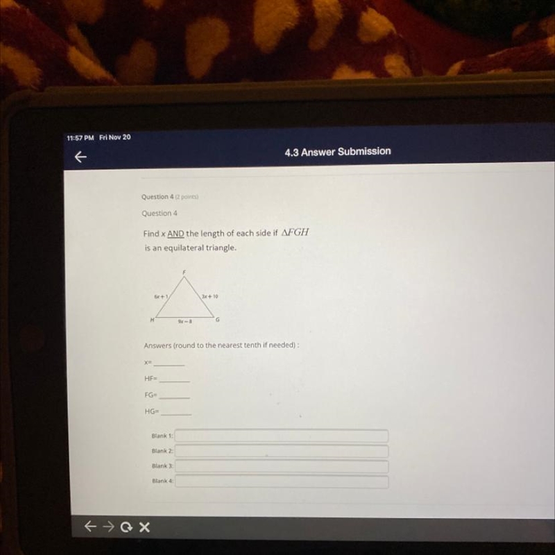 Find x AND the length of each side if FGH is an equilateral triangle. (Round to the-example-1