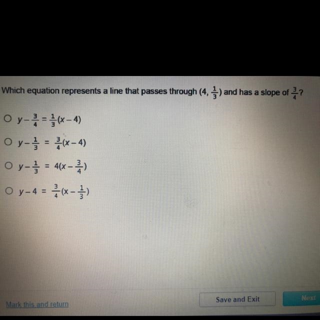 Which equation represents a line that passes through (4, 5) and has a slope of ? Oy-example-1