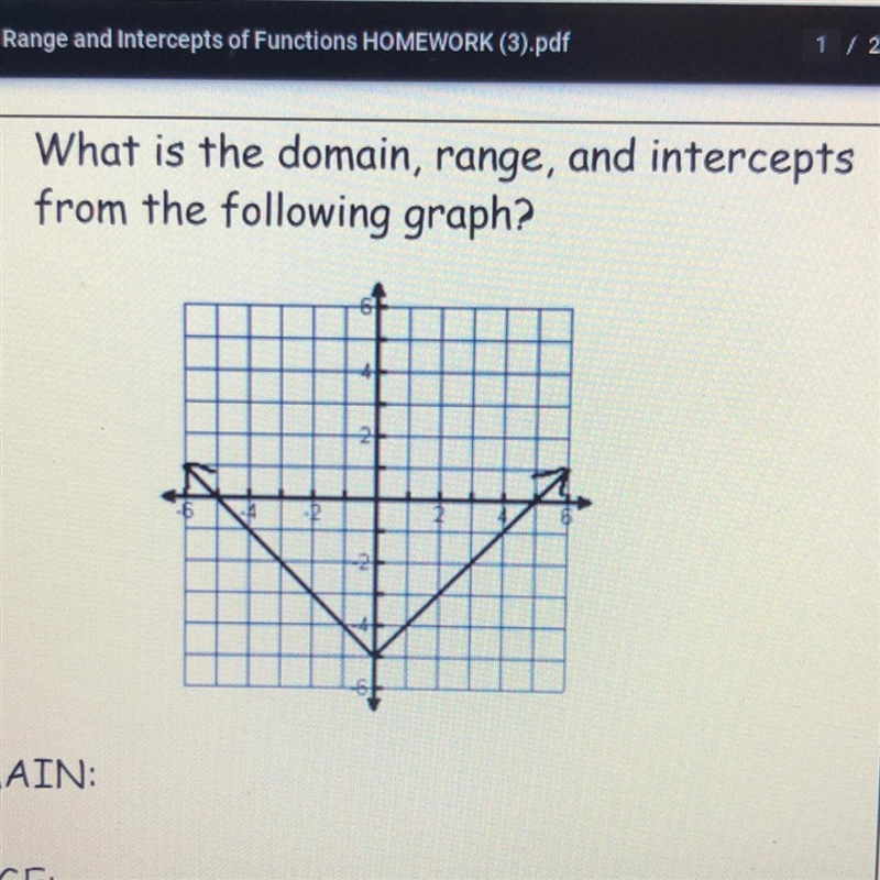 Help me find the Domain Range X-intercepts Y-intercepts-example-1