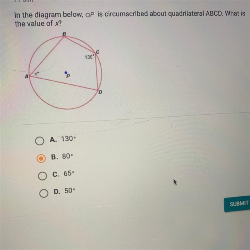 In the diagram below, point P is circumscribed about quadrilateral ABCD. What is the-example-1