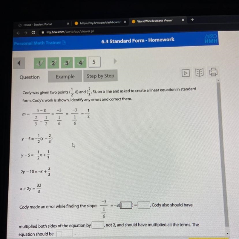 Cody was given two points (z 8) and (5,5) , on a line and asked to create a linear-example-1