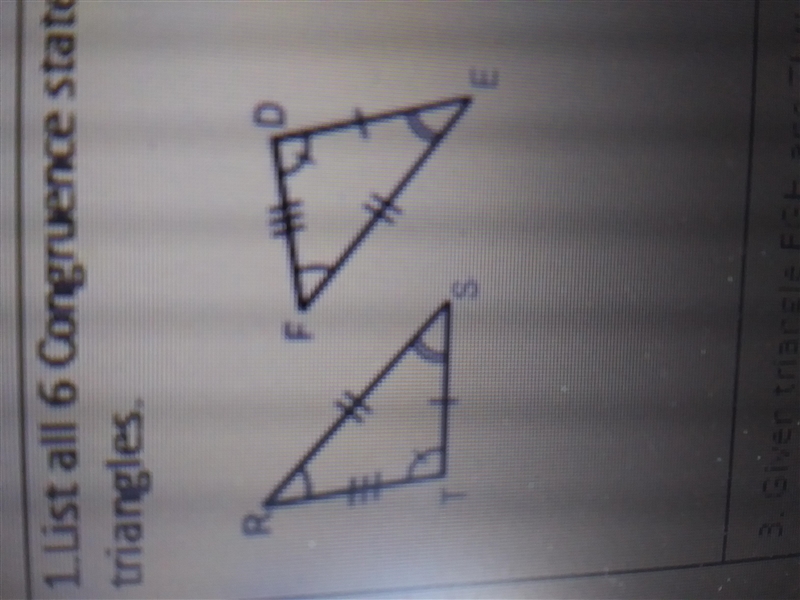 List all 6 Congruence statements for the following triangles.-example-1