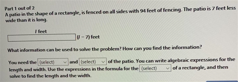 Part 1 out of 2 A patio in the shape of a rectangle , is fenced on all sides with-example-1