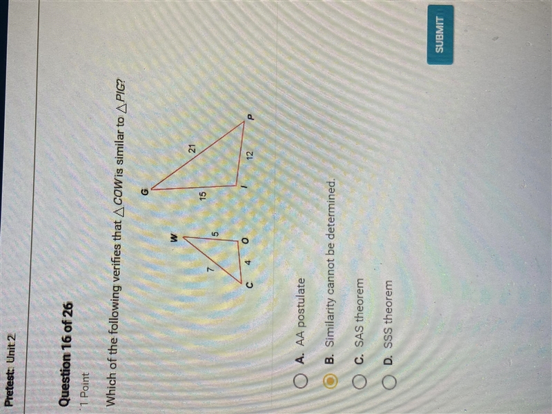 Which of the following verified the triangle COW is similar to triangle PIG? Ignore-example-1